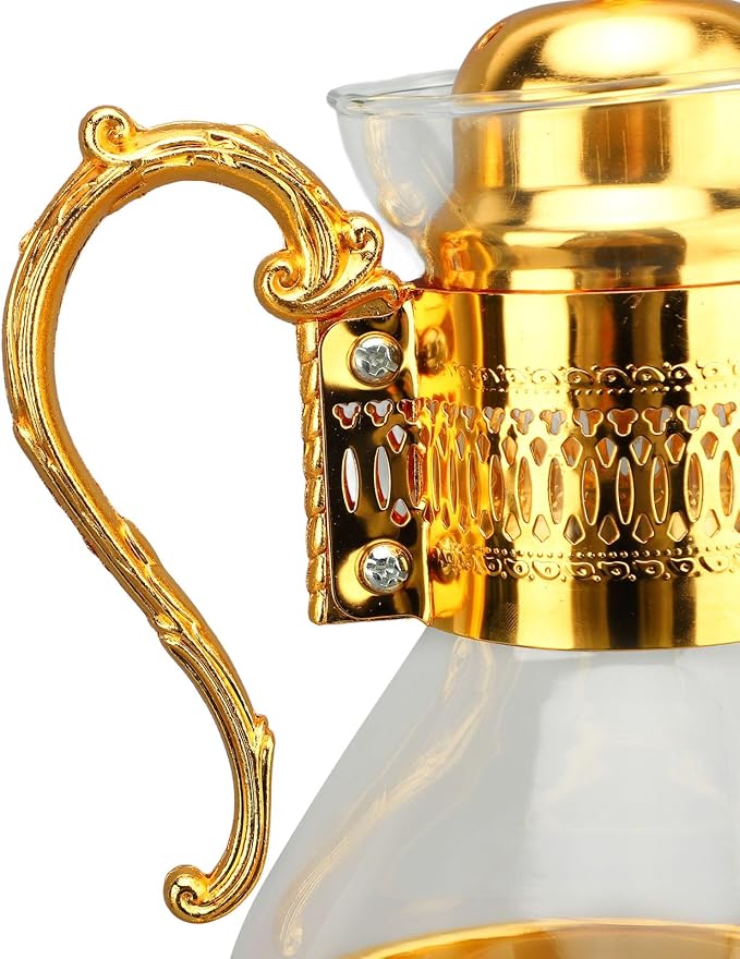 Glass Tea Pot with Warmer, 50 oz Vintage Espresso Kettle Heated Glass Coffee Pot with Handle, Heat Resistant Turkish Coffee Pitcher Teapot for Home Office Cafe Use (Gold)