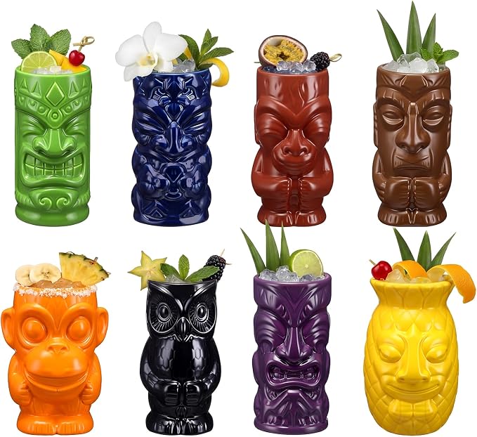 Yungyan 8 Pcs Ceramic Tiki Mugs for Cocktails Tiki Cups for Party Hawaiian Cups Tropical Drinkware for Luau Exotic Party Barware Home Bar Decoration (Mixed Styles)