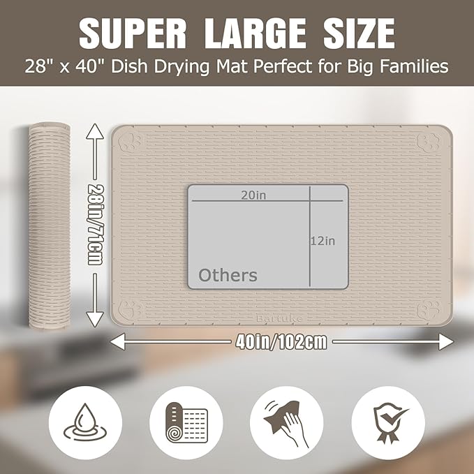 Kalolary Silicone Dish Drying Mat for Kitchen Counter, Extra Large 40" x 28" Dish Drying Pad Mat, Silicone XL Dish Drainer Mat for Dishes with Raise Edge Non-Slip Easy to Clean (Khaki)