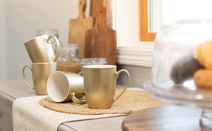 Elanze Designs Vegas Gold-Tone Metallic Finish 10 Oz. New Bone China Coffee Cup Mug Set of 4