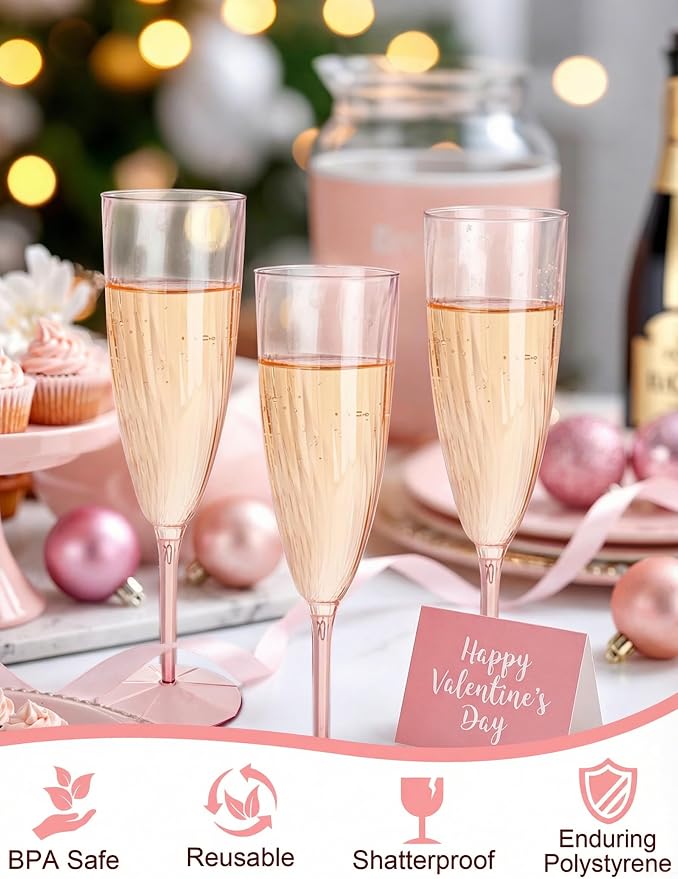 WDF 36PCS Pink Champagne Flutes Plastic - 6OZ Pink Disposable Champagne Flutes Party Supplies for Wedding Birthday Parties Valentine's Day Galentine's Day (Pack of 2)