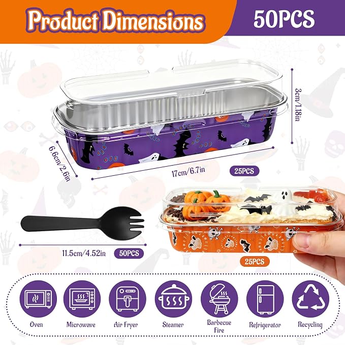 50Pack Halloween Mini Cake Pans Disposable Mini Loaf Pans with Lids and Spoons, 6.8Oz Aluminum Foil Pans Tins, Individual Dessert Cups Containers for Sales,Party,Picnics