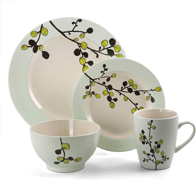 Elama RETROBLOOM Retro Bloom 16 Piece Luxurious Stoneware Dinnerware with Complete Setting for 4, 16pc, Green