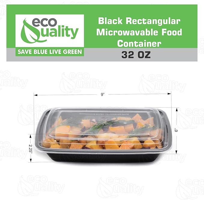 32 oz Reusable Food Storage 100 Pack Containers with Lids by EcoQuality – Rectangular BPA Free Freezer, Microwave & Dishwasher Safe – Airtight & Watertight Stackable, Lunch Meal Prep, To-Go, Bento Box
