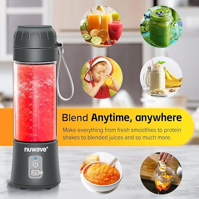 Nuwave 16OZ On-the-Go Personal Blender, Lightweight & Portable Blender for Shakes and Smoothies, 6 Blades, USB Rechargeable, Leak-Proof Lid, BPA-Free, Self-Cleaning, for Gym, Kitchen, Office