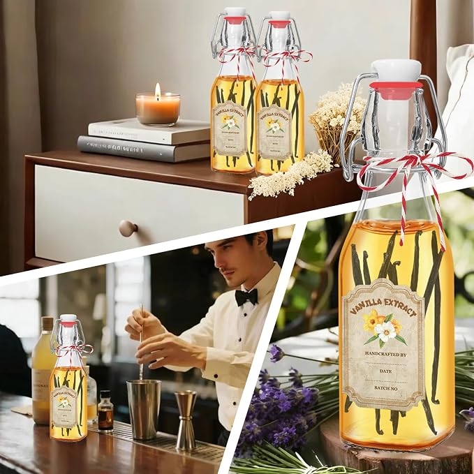 10 Pack Swing Top Glass Vanilla Extract Bottles 8 oz with Lids, Vanilla Labels & Funnel, Boston Square Bottles for Homemade Syrup, DIY Gifts, Flip Top Jars for Extract