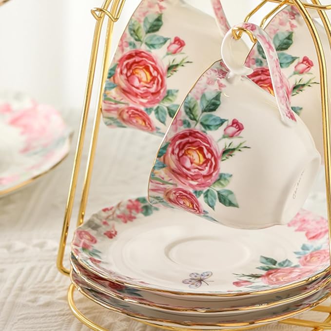 15 Piece British Bone China Tea Cup Sets, Elegant red Rose Pattern, Cups and Saucers Service for 4, with Teapot Sugar Bowl Cream Pitcher Teaspoons for Tea/Coffee, Gifts Set for Adults.