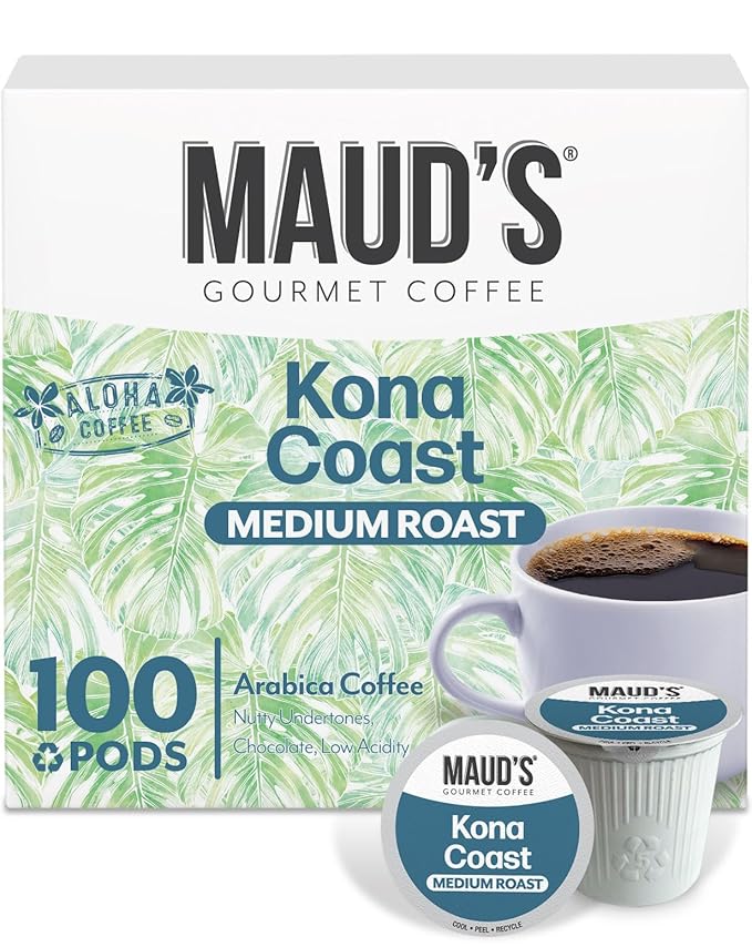 Maud's Kona Coffee Pods, 100 ct, Medium Roast Coffee in Single Serve Pods – 100% Arabica Coffee, Compatible with Keurig K Cups Maker