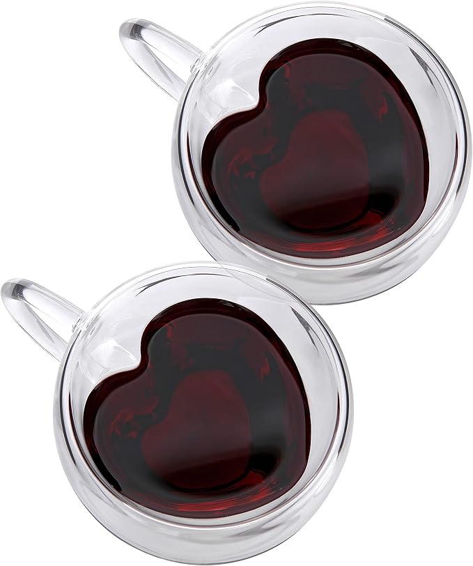 CNGLASS Double Wall Heart Shaped Glass Coffee Mugs 5oz(Set of 2),Insulated Clear Tea Cups with Handle,Unique Glass Espresso Mugs for Coffee,Cappuccino,Latte,Milk