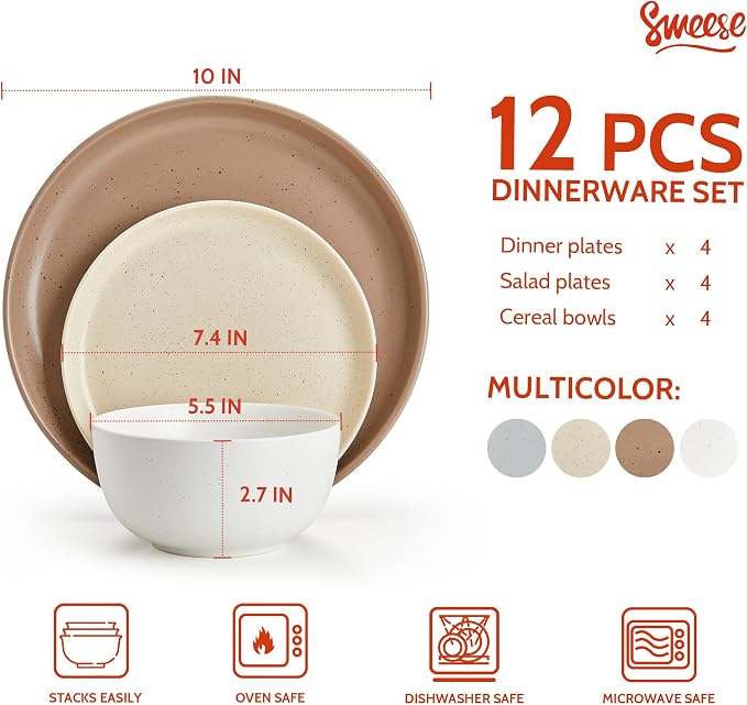 Sweese Dinnerware Sets Service for 4, 12 pcs Matte Speckled Glaze Plates and Bowls Sets, Handmade Ceramic Dish Set, Highly Chip and Crack Resistant Modern Plate Set, Multi-color