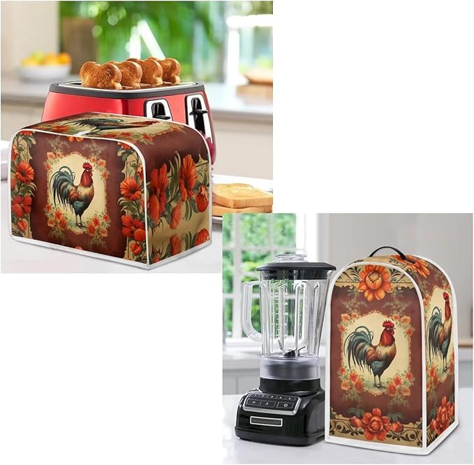 Vintage Chicken Rooster Flower Pattern Appliance Covers Set Washable Kitchen Blender Dust Cover Bread Maker Toaster Cover 4 Slice Kitchen Accessories Size L