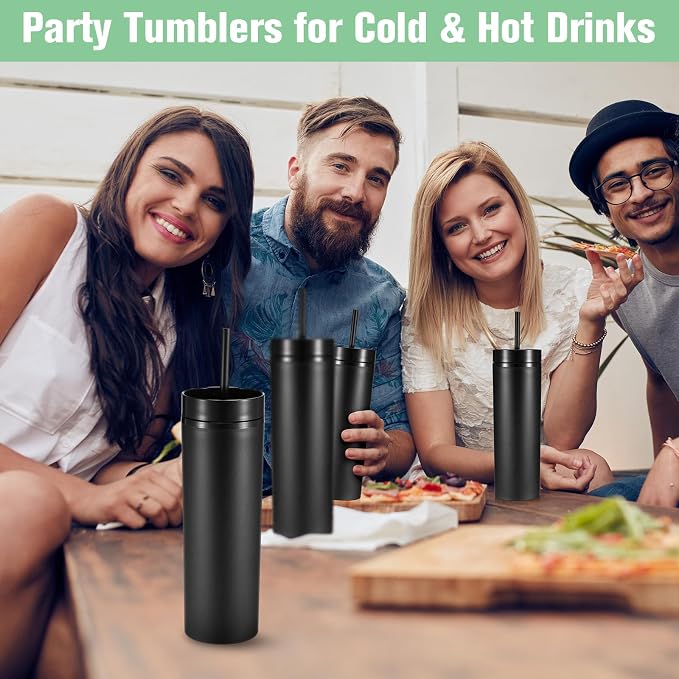 Mimorou 8 Pack Skinny Tumbler with Lids and Straws 16 oz Matte Acrylic Tumblers Straight Double Wall Plastic Reusable Cup Laser Engrave Customized DIY Gifts for Parties Birthday Home Office (Black)