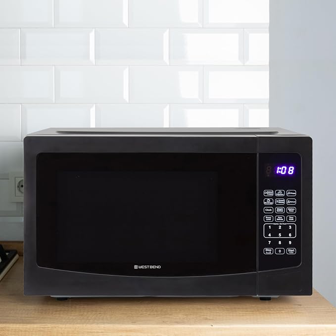 West Bend Microwave Oven 1000-Watts Compact with 6 Pre-Set Cooking Settings, Time and Weight Defrost, Electronic Control Panel and Glass Turntable, 1.1 Cu.Ft., Black