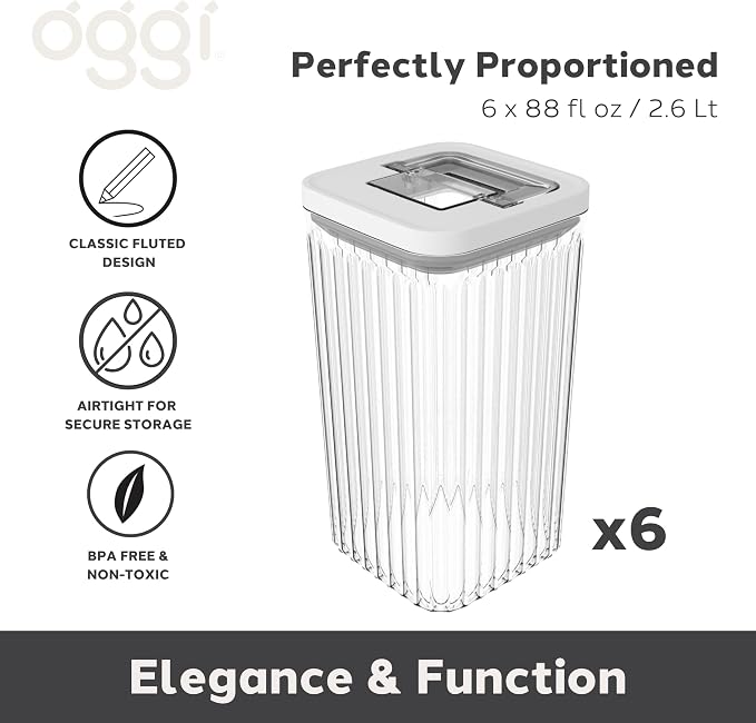 Oggi Airtight Clear Fluted Canister Set of 6 - Stackable Food Storage Containers with Lids, Vintage Modern Farmhouse Style, Kitchen Counter & Pantry Organization, Size - 6 x 88 fl oz / 2.6 Lt