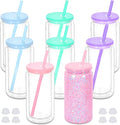 16 oz Plastic Snow Globe Tumbler, 8 Pack Double Wall Snowglobe Tumbler with Pre Drilled Hole, Plastic Mason Jar Cups Can for Snow Globe Glitter DIY (Mixed Colors)