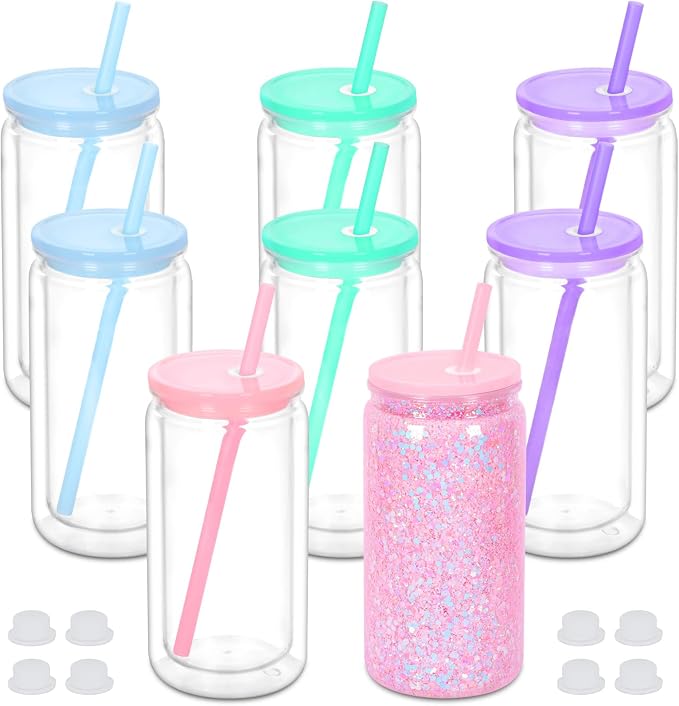 16 oz Plastic Snow Globe Tumbler, 8 Pack Double Wall Snowglobe Tumbler with Pre Drilled Hole, Plastic Mason Jar Cups Can for Snow Globe Glitter DIY (Mixed Colors)