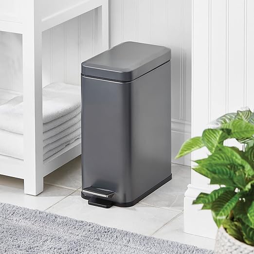 mDesign Pedal Bin — Waste Bin with Pedal, Lid and Plastic Bucket Insert for Bathroom, Kitchen, and Office — Metal Household Rubbish Bin with Ergonomic Design — Dark Grey