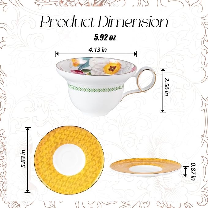 KAMMAK Ceramic Coffee Cups Saucers Set of 2, Porcelain Espresso Cups with Saucers, 5.92 oz Handmade Elegant Bone China Tea Cup, Ceramic Floral Pattern Demitasse for Latte, Americano, Cappuccino