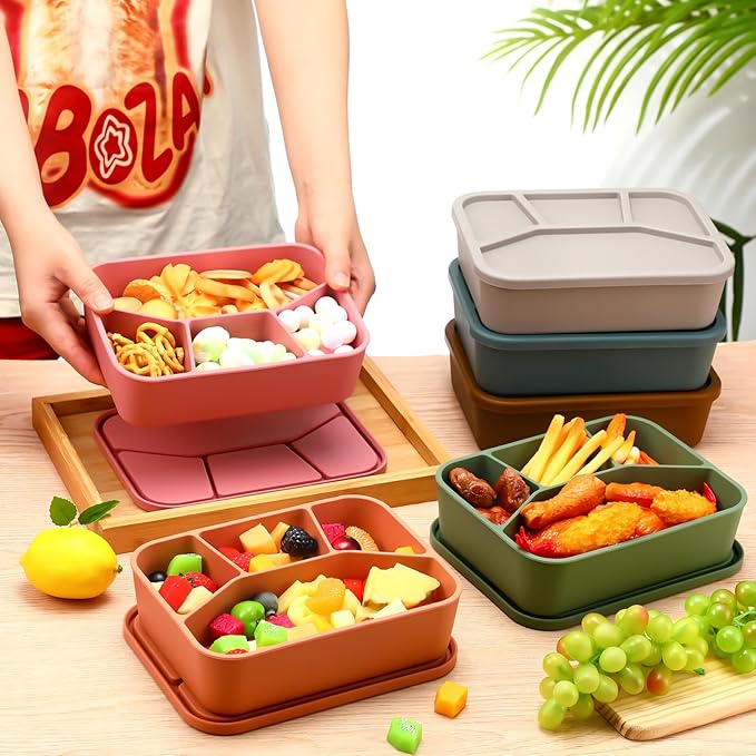 Honeydak 6 Pcs Silicone Bento Box Reusable Lunch Container 4 Compartment Snack Boxes with Lid Smooth LeakProof Rectangle Food Boxes for Adult Work Travel Food Storage (Cute Color)