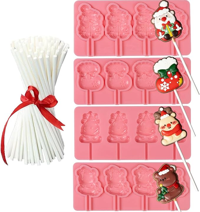 KALAIEN 4 Pack Christmas Lollipop Molds Set, Christmas Silicone Molds Candy Gummy Mold for Chocolate with 100pcs Lollypop Sucker Sticks