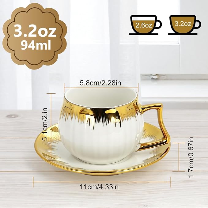 6 Pack 3.2oz Espresso Cups with Saucers, White Porcelain with Gold Electroplated Brushstroke Rim, Pumpkin Ribbed Striped Ceramic Coffee Cup Set, Dishwasher Safe, for Espresso, Latte, Tea, Home