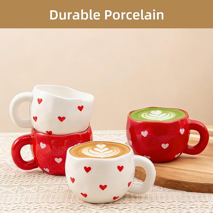 4pcs Ceramic Hearts Mugs Set, 9.4OZ Cute Love Coffee Cup Set, Red and White Color, Dishwasher Safe Espresso Cups, Gift for Women (Heart)