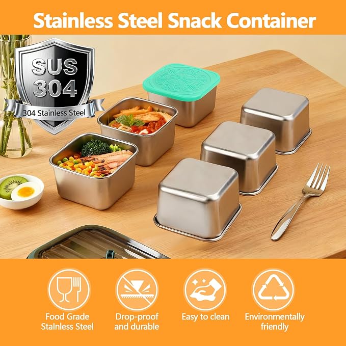 Stainless Steel Snack Box Containers - 8 Pack 6oz Reusable Small Snack Containers with Silicone Lids, 304 Metal Stackable Food Storage Cups, Salad Dressing Dipping Sauce for Travel, Picnic
