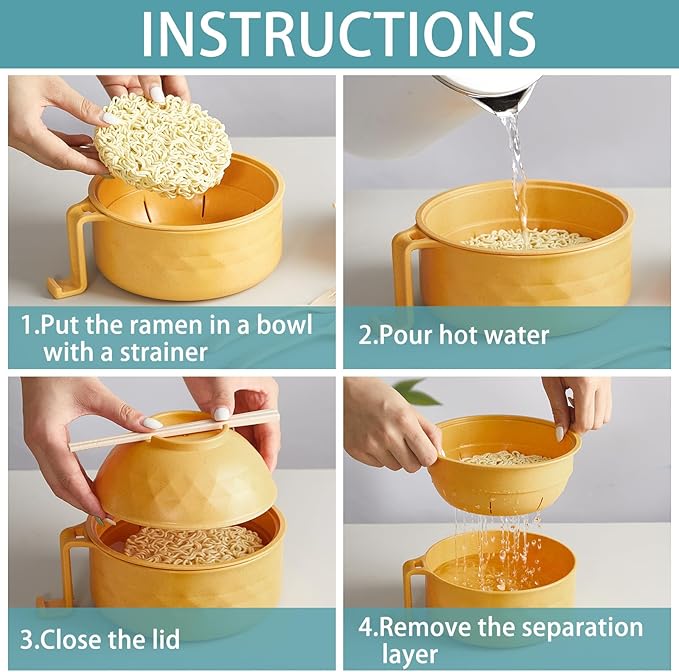2 Sets Microwave Ramen Bowl 40 oz Wheat Fiber Portable Instant Noodle Cooker Bowl with Handles Strainer Spoon Chopstick Fork College Dorm Room Apartment Essentials(Green, Yellow)