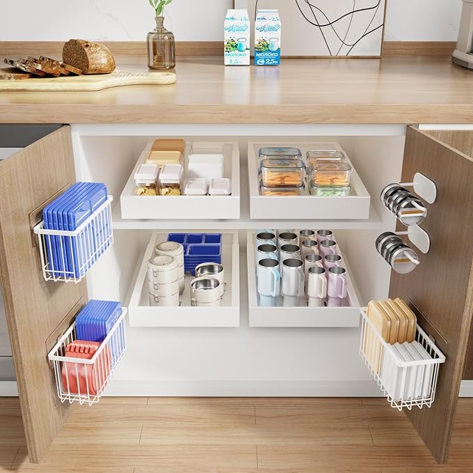 Mustorn 2 Pack Pull Out Cabinet Organizer, Expandable Depth(16.5"-21.8) Slide Out Drawer & 4 Pack Tupperware and Tumbler Lid Organizer for Cabinet, Adhesive Cabinet Door Organizer(White)