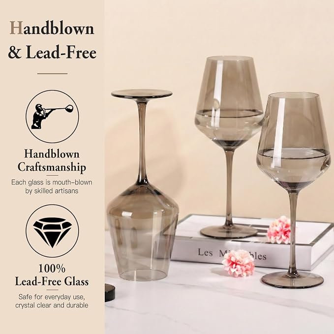 Gray Colored Wine Glasses Set of 6, Handblown Wine Glasse,Gray Coloful Glassware,17OZ for Red or White Wine,for Wedding Gift, Anniversary, Christmas, Birthday,Mothers Day Gifts,Gifts for My Wife