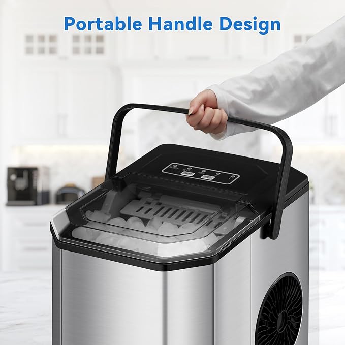 Countertop Ice Maker, 26 lbs in 24 Hours, 9 Bullet Ice Cubes Ready in 6 Mins, Portable Ice Machine with Handle, 2 Sizes Ice Cubes, with Ice Scoop and Basket for Home/Kitchen/Bar/RV