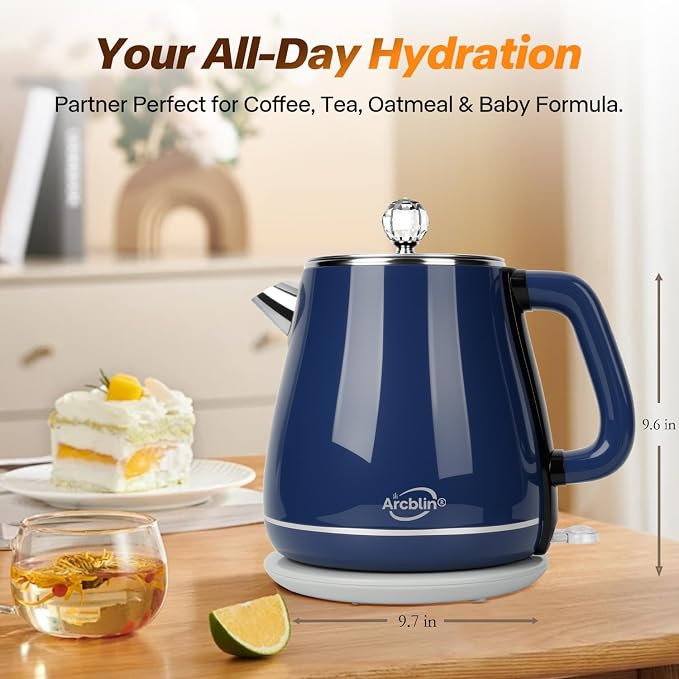 Vintage Electric Kettle 1.8L, Stainless Steel Electric Hot Water Kettle for Boiling Water, 1350W Fast Boil, BPA Free, Electric Tea Kettles Automatic Shut Off, Boil-Dry Protection, Navy Blue