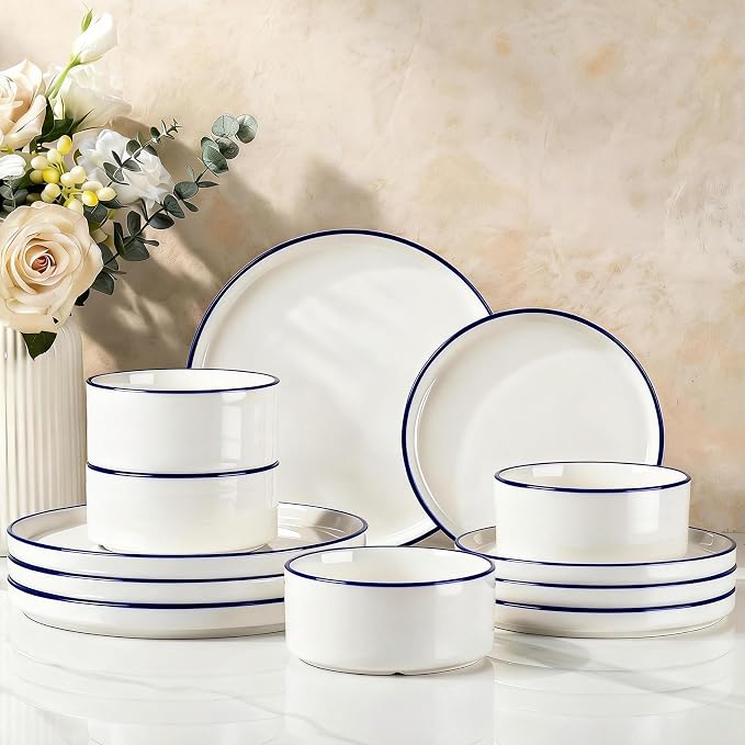 Famiware Porcelain Dinnerware Set, 12-Piece Modern Plate and Bowl Set, Dish Set for 4, Microwave and Dishwasher Safe Tableware, White with Blue Trim