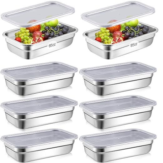 8 Pcs 304 Stainless Steel Food Storage Containers with Lid Hotel Pans for Kitchen Home Catering Food Prep Restaurant Buffet Hotel(2.5 Inch Deep)