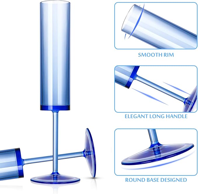 12 PCS Sapphire Blue Plastic Champagne Flutes 5.4 OZ Clear Acrylic Champagne Flutes Sparkling Wine Glasses Long Stem Crystal Champagne Glasses For Wedding Baby Shower Anniversary Party