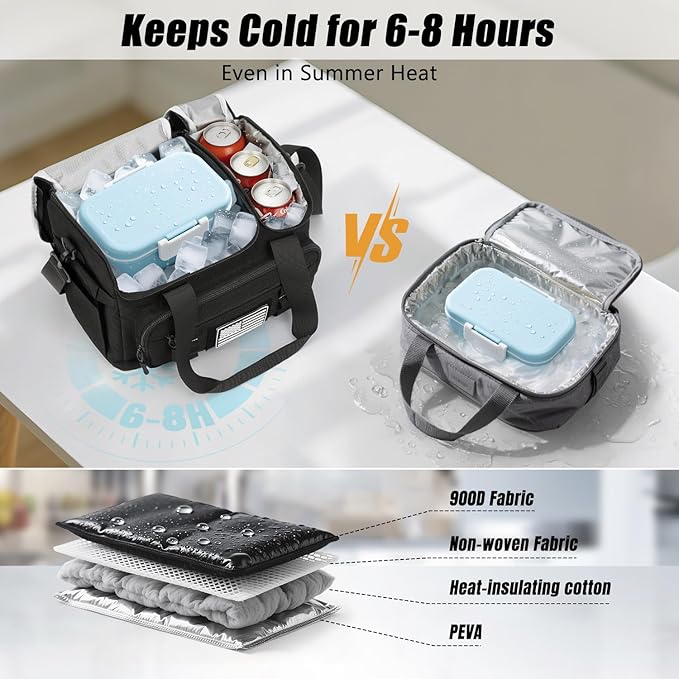 ETRONIK Tactical Lunch Box for Men, 15L Insulated Lunch Bag with Hot/Cold Compartments, Men's Lunch Box Fits 3 Meals + Snacks, Adult Lunch 8H Cooler Bags for Work, Hiking, Beach, Gym, Black
