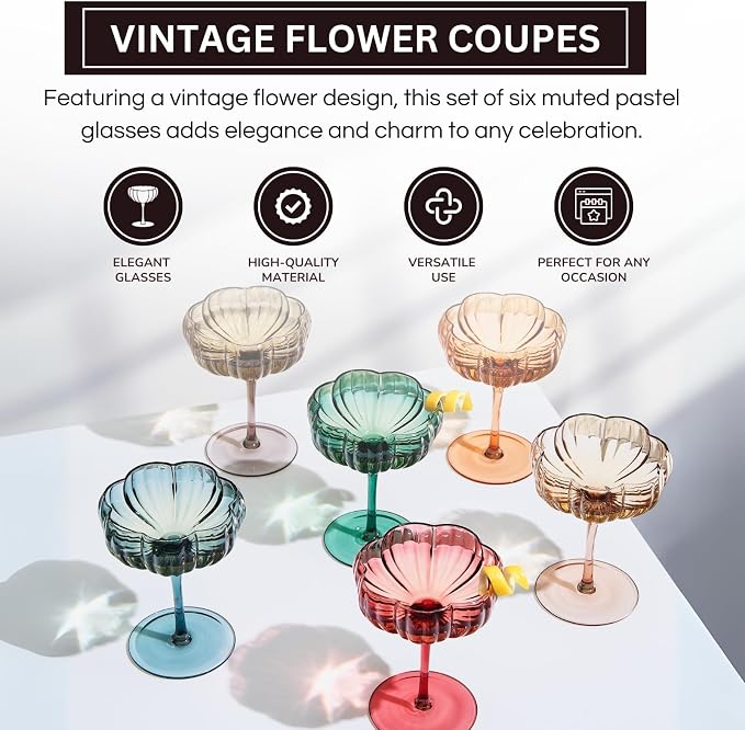 Khen Flower Modern Wavy Glass Coupes Martini, Champagne & Cocktail Coupes - Set of 6-7.7 oz Colorful Cocktail Glasses for Champagne, Prosecco, Mimosa - Copyright Design - Muted Pastel Colors