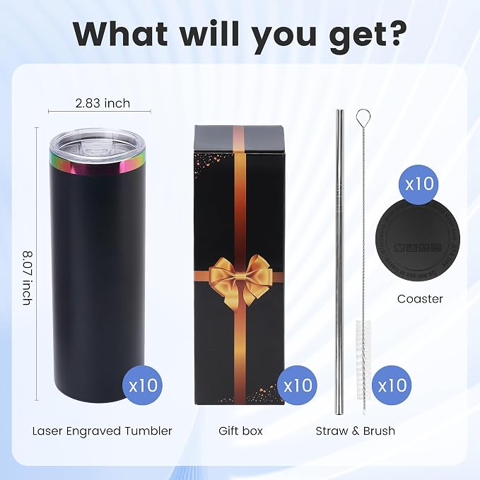 Joyclub Tumblers Bulk 10 Pack 20 oz Insulated Tumbler with Lids and Straws Skinny Straight Powder Coated Tumbler for Laser Engraving Custom RainbowTumblers Set with Gift Box