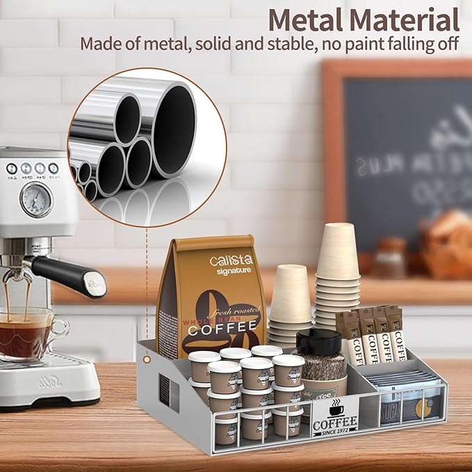 Coffee Station Organizer with 4 Compartments, K Cup Holder Storage Basket for Coffee Pods, Cups, Condiments, Sturdy Countertop Organizer for Kitchen Office Desktop Coffee Bar Accessories Metal Silver