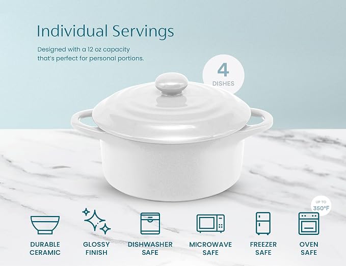 Kook Ceramic Mini Cocotte Set, Small Casserole Dishes with Lids and Handles, Individual Baking Ramekins, Oven safe 350F, Microwave & Dishwasher Safe, Stoneware, 12 oz, Set of 4, (Swiss White)