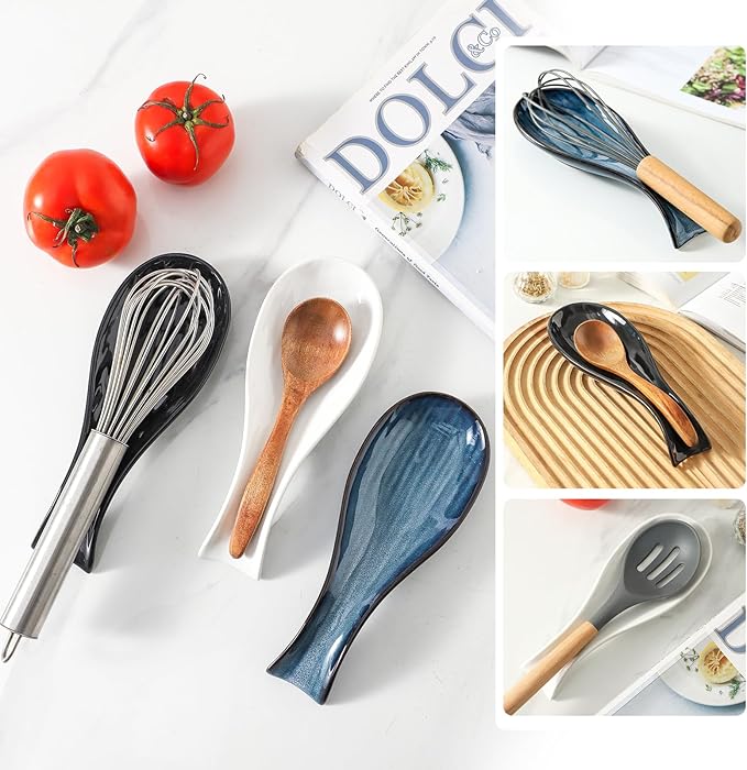 Ceramic Spoon Rest for Stove Top, Large 8.7 Inch Spoon Holder for Kitchen Counter,Porcelain Utensil Rest for Ladle,Spatula,Housewarming Gift,Dishwasher Safe and Heat-Resistant,White and Black,Set of 2