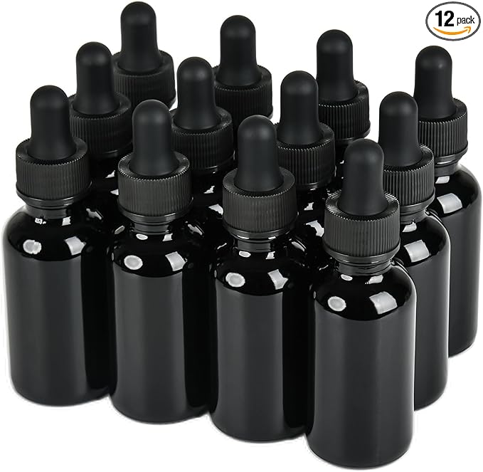 NOOEEISS 12 Pcs, 1oz Black Glass Eye Dropper Bottle, Tincture Bottles with Leak-Proof Design, Stronger Suction, for All Kinds of Mixed Liquids