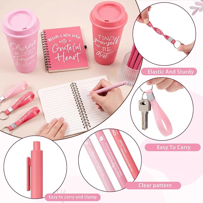 Skylety 12 Sets/48 Pcs Employee Appreciation Gifts 16oz Inspirational Plastic Cups Spiral Notebooks Ballpoint Pens Keychains Bulk Thank You Cup for Employee Coworker (Gradient Pink)