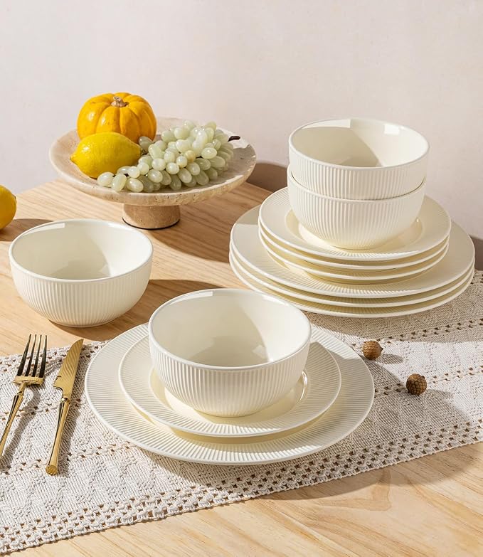 TheTerra Stoneware Dinnerware Sets for 4, 12 Pieces Ceramic Plates and Bowls Sets, Scratch Resistant Embossed Dish Set, Oven, Microwave & Dishwasher Safe, Ivory