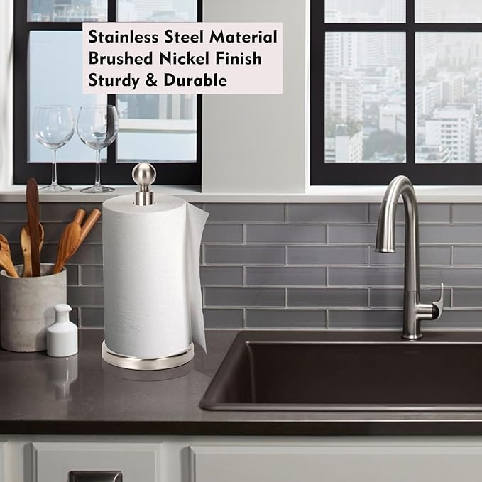 Kalitro Paper Towel Holder Countertop, Standing Paper Towel Roll Holder for Kitchen Bathroom, with Weighted Base for One-Handed Operation (Stainless Steel Base, Brushed Nickel)