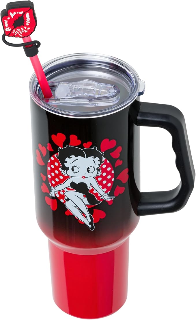 Silver Buffalo Betty Boop Core Cute Sitting Pose Hearts and Dots Stainless Steel Tumbler with Straw Cover Cap, Lid, Straw and Handle - 40 oz