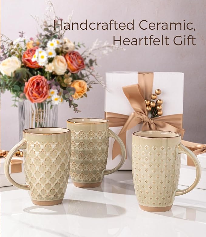 GBhome 20oz Large Coffee Mugs Set of 6, Handmade Tall Ceramic Coffee Mugs with Texture Patterns for Cappuccino, Latte,Hot Cocoa, Dishwasher & Microwave Safe-Pale Khaki