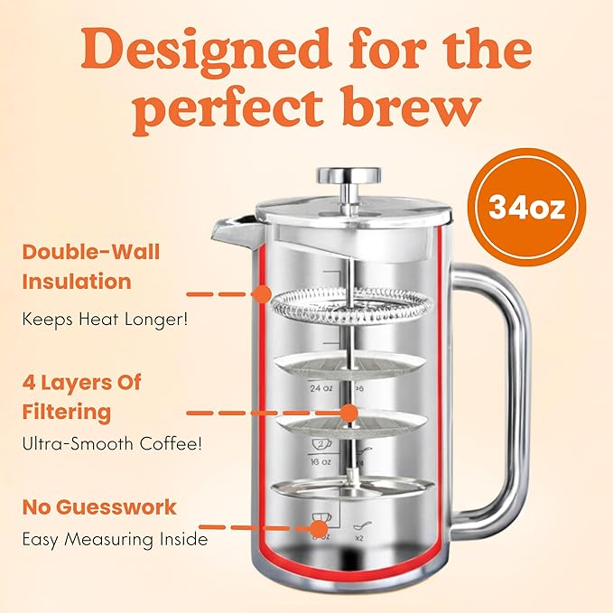 Non-Toxic Stainless Steel French Press, No Plastic or Heavy Metals, 34 oz | Surgical-grade steel. 4-layer filter. Double-wall insulated, stays hot for longer. Measure marks. Dishwasher safe. Portable.