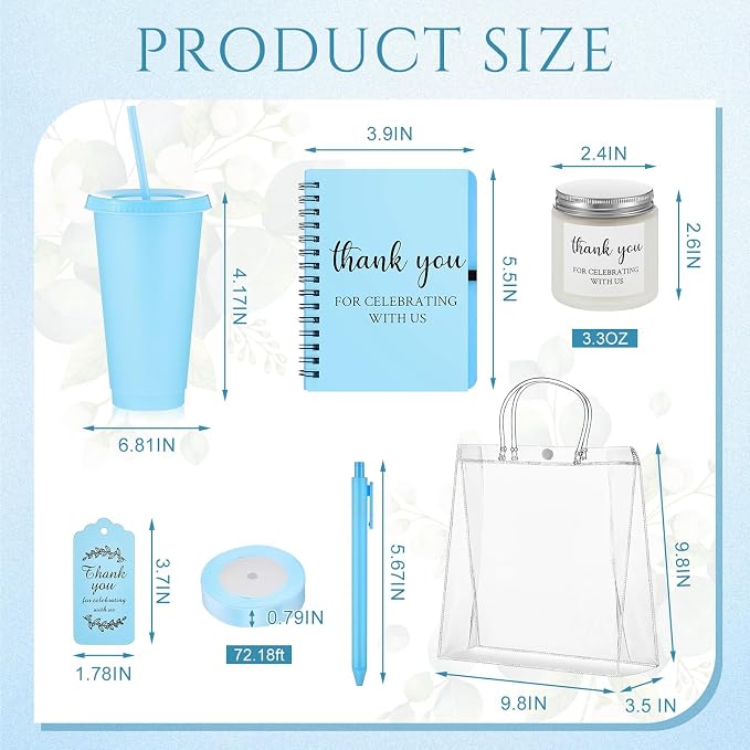 Nuogo 6 Sets New Parent Shower Prizes for Player Winners Adult, Wedding Bridal Shower Gift, Plastic Tumbler Notebook Scented Candle Ballpoint Pen Bag (Blue Color,Classic Style)