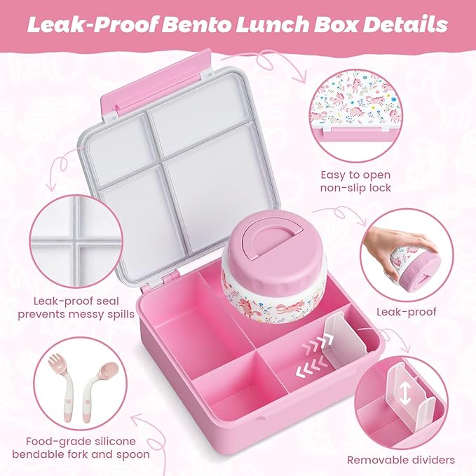 Kids Bento Lunch Box with Thermos, Leakproof Toddler Bento Box with 9 OZ Insulated Food Jar, Lunch Bag & Utensils 3 or 4 Compartment Container for School Girls Boys